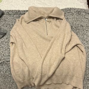 AERIE Waffle Net Oversized Zip-Up Tan
